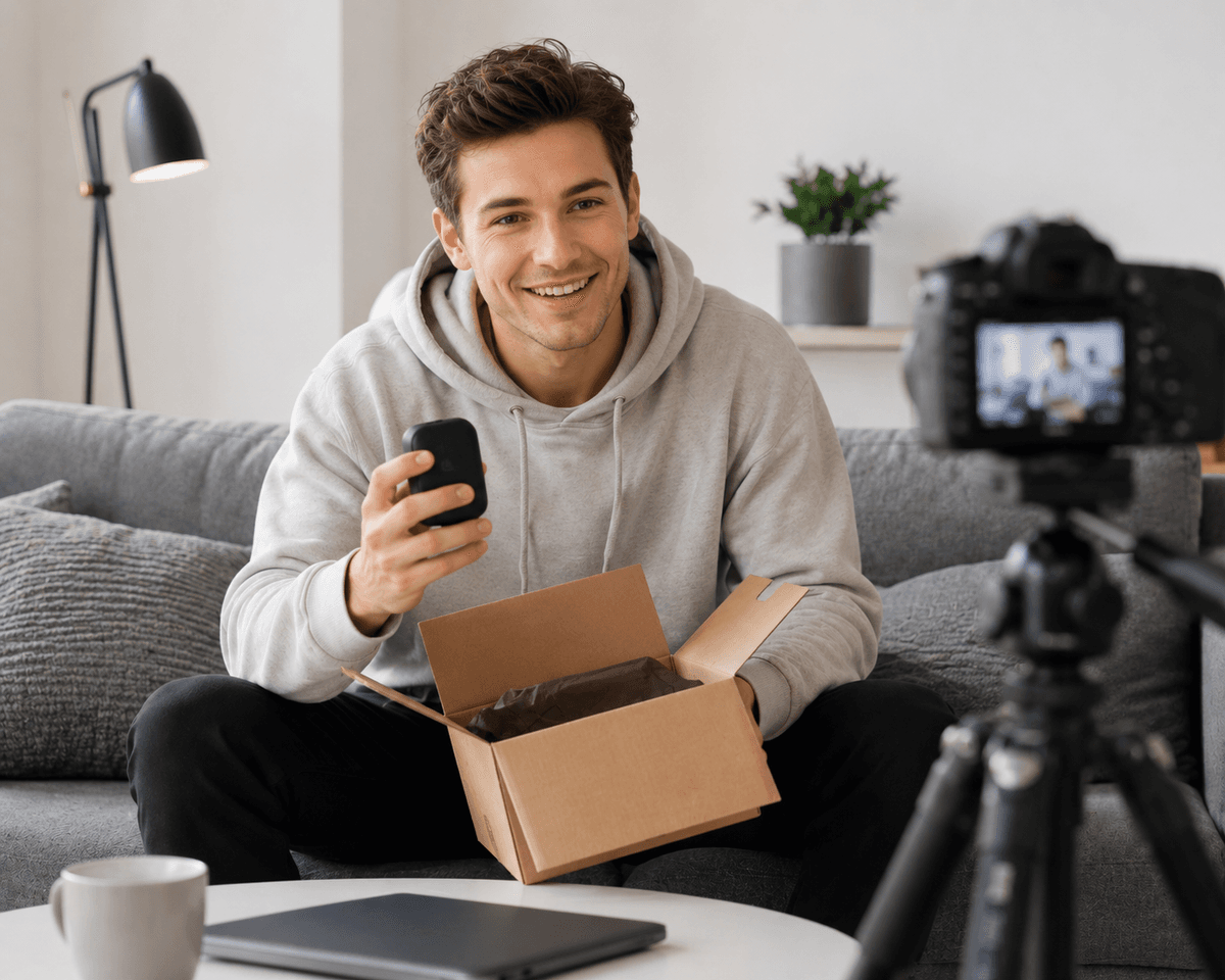 Creator filming an unboxing video
