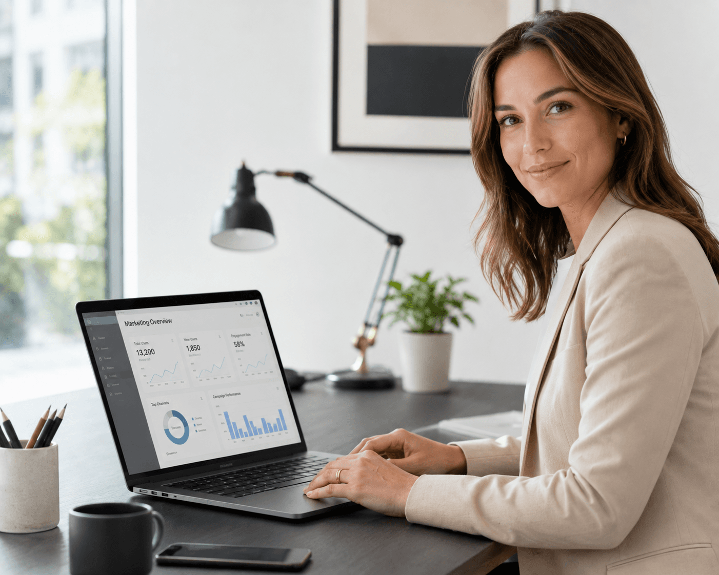 Marketing professional using Attensify dashboard on laptop