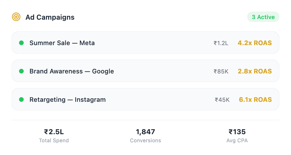 Ad campaigns dashboard with ROAS tracking
